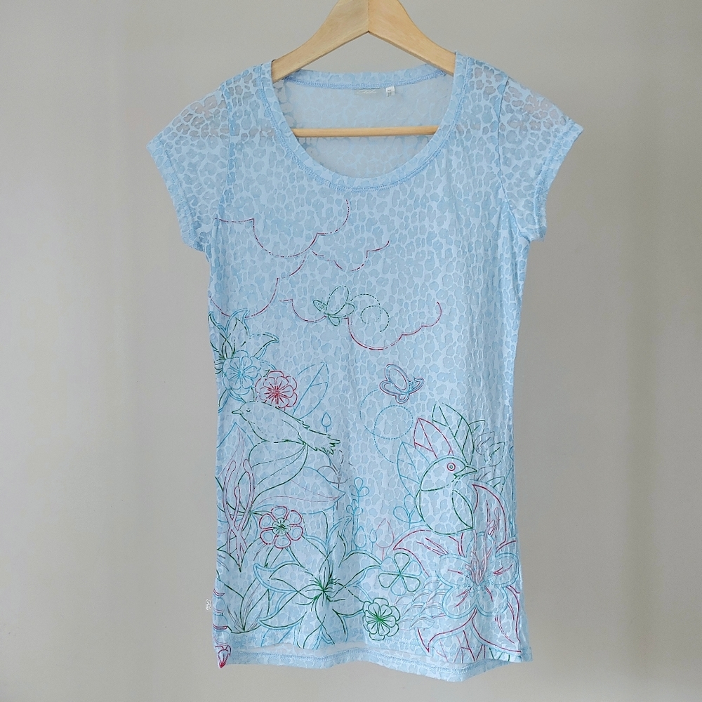 Fila Blue Burnout T-Shirt Size Small Floral